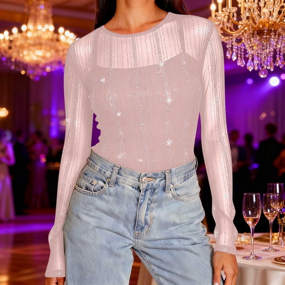 Frnrwgo Womens Top Soft Sequin Long Sleeve Slim Pullover Spring Fall Crew Neck Casual Solid Color T-Shirt