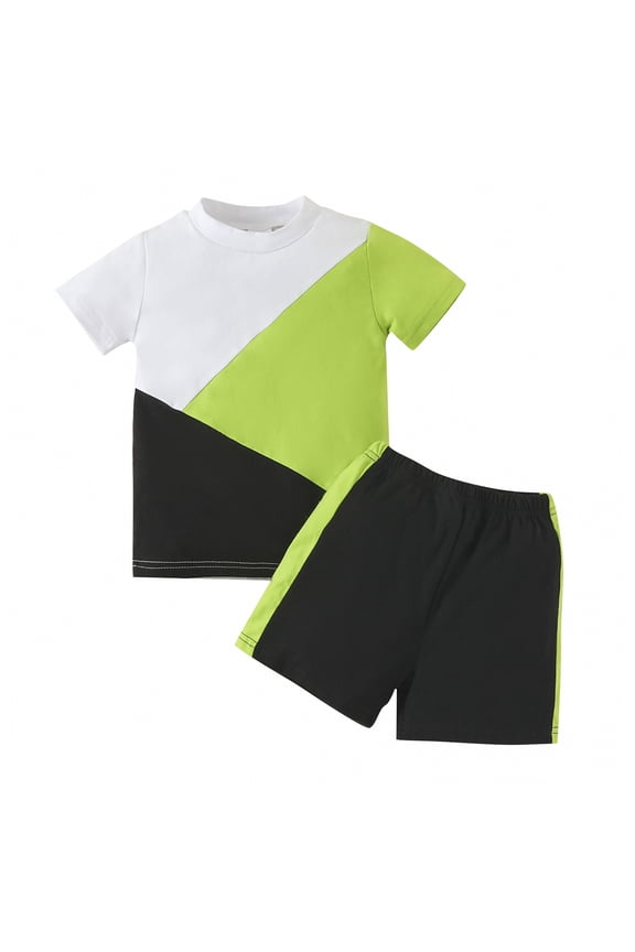2Pcs Kids Boys Summer Outfits Short Sleeve Contrast Color Tops + Elastic Band Shorts Clothes Sets Green 9-12 Months