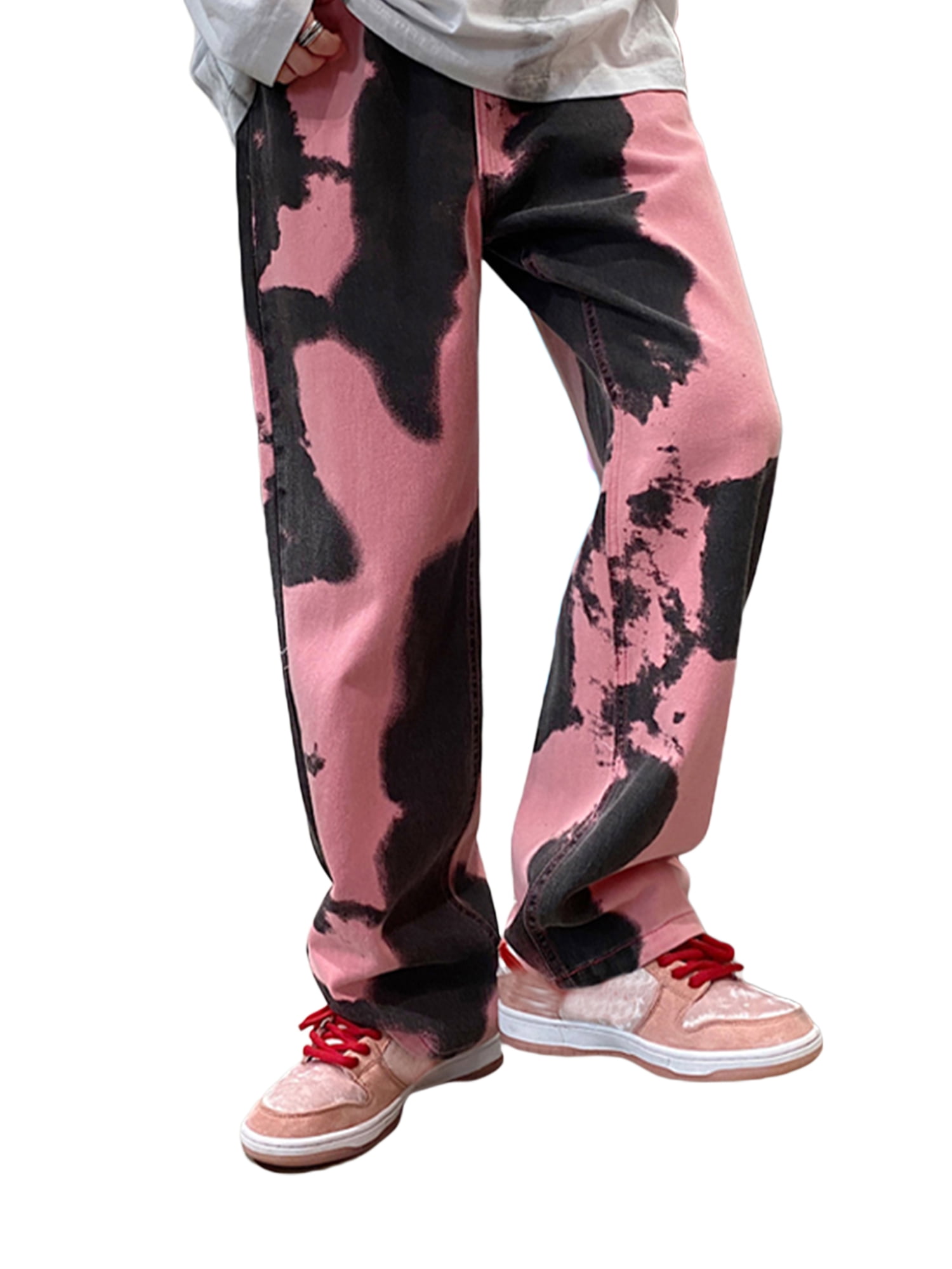 Frobukio Men Tie-Dye Straight-leg Baggy Jeans Loose Washed Baggy Denim  Pants Spring Hip Hop Pants Streetwear Pink M