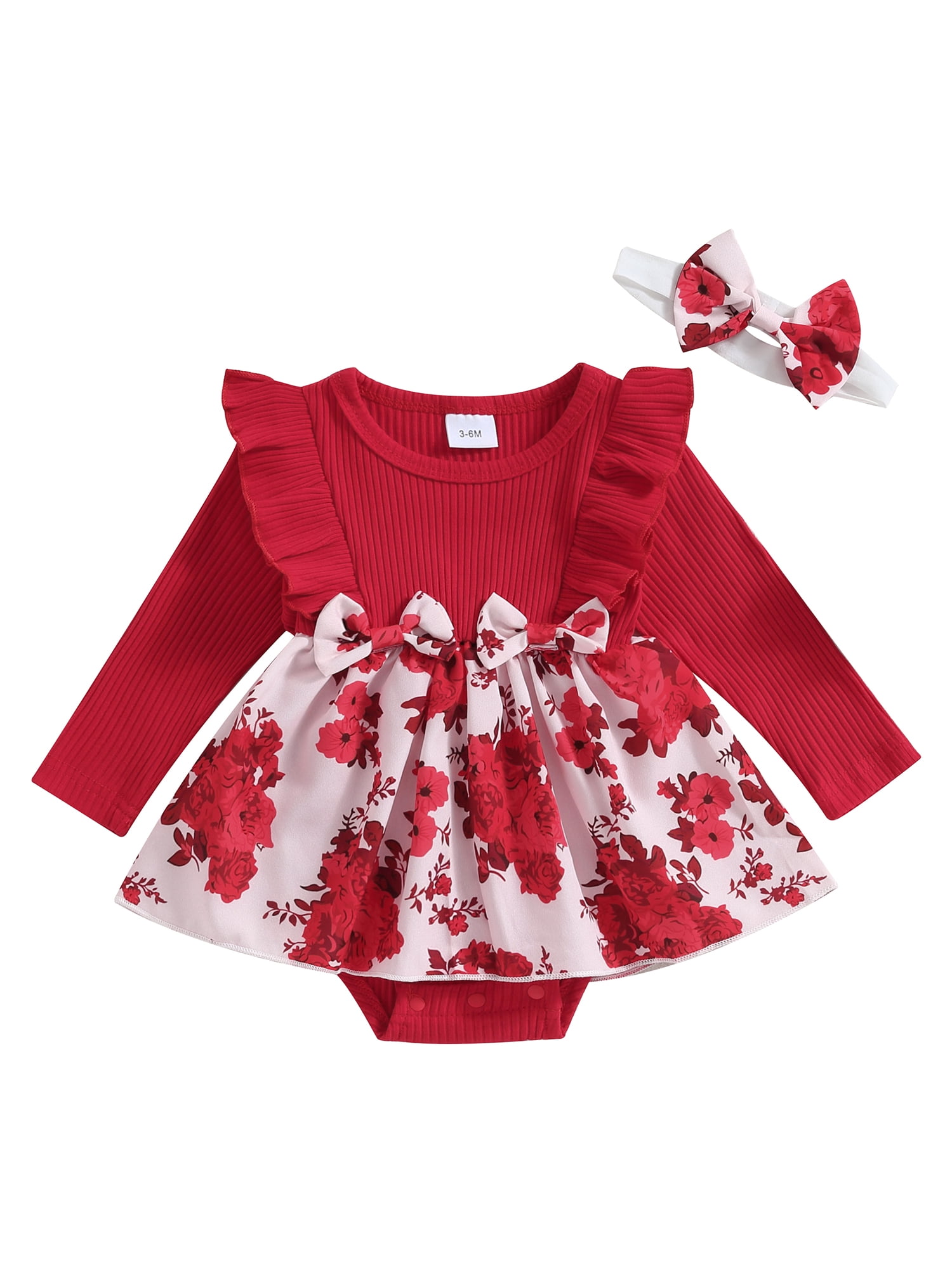 Frobukio Toddler Baby Girls Outfits Long Sleeve Flower Aline Romper Dress with Bowknot Headband