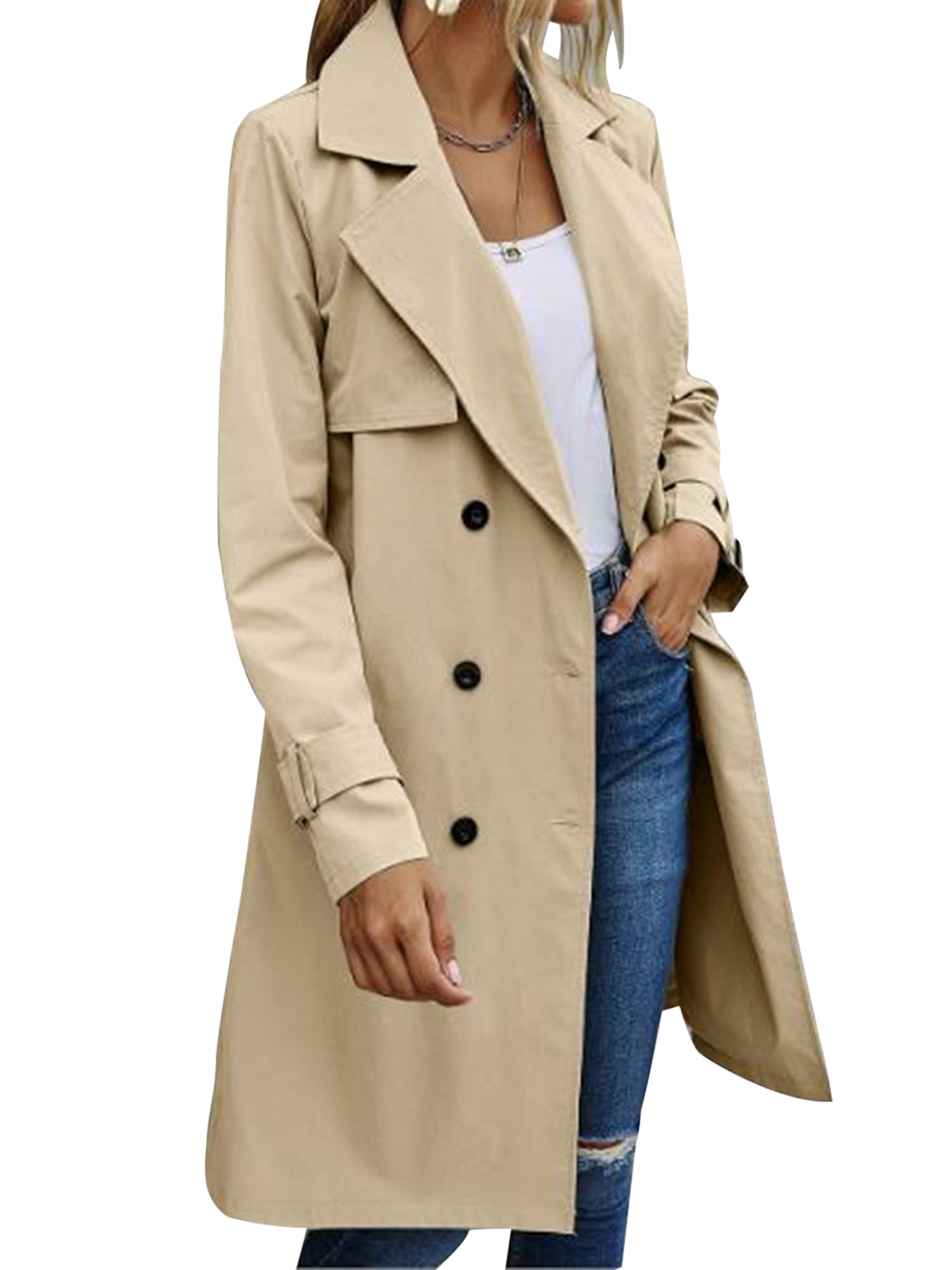 Frobukio Women Double Breasted Long Trench Coat, Classic Lapel Long ...