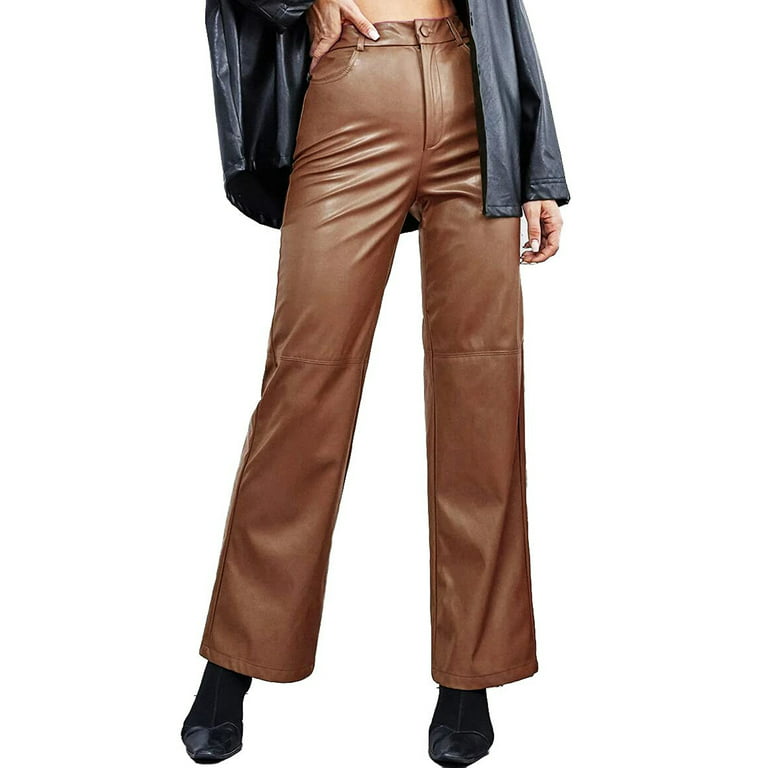 Women's Faux Leather Pants High Waist Straight Leg Solid Color