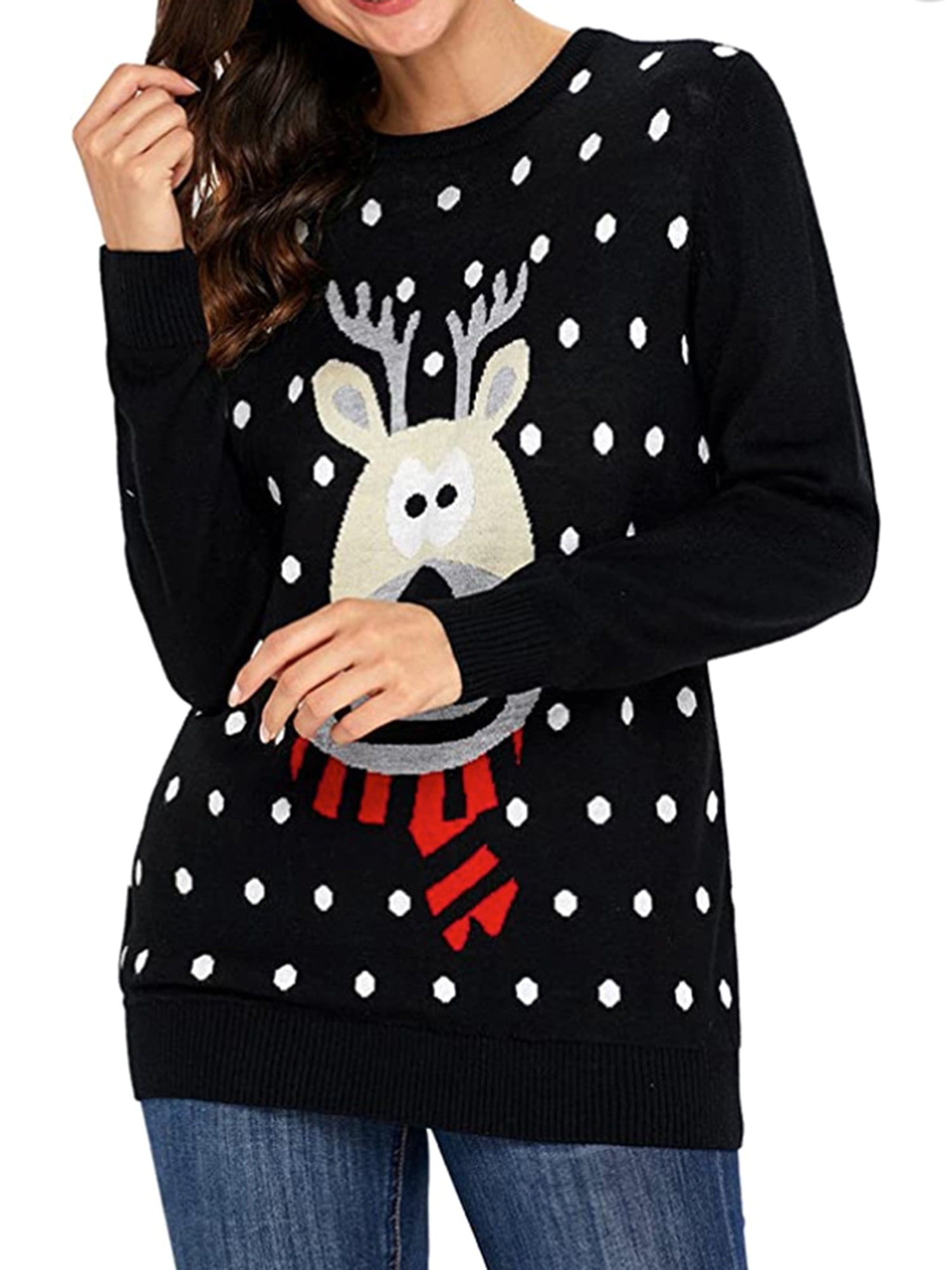 Frobukio Women's Christmas Sweaters Cute Elk Print Long Sleeve Round