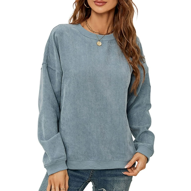 Frobukio Women s Solid Color Corduroy Sweatshirts Long Sleeve Crew