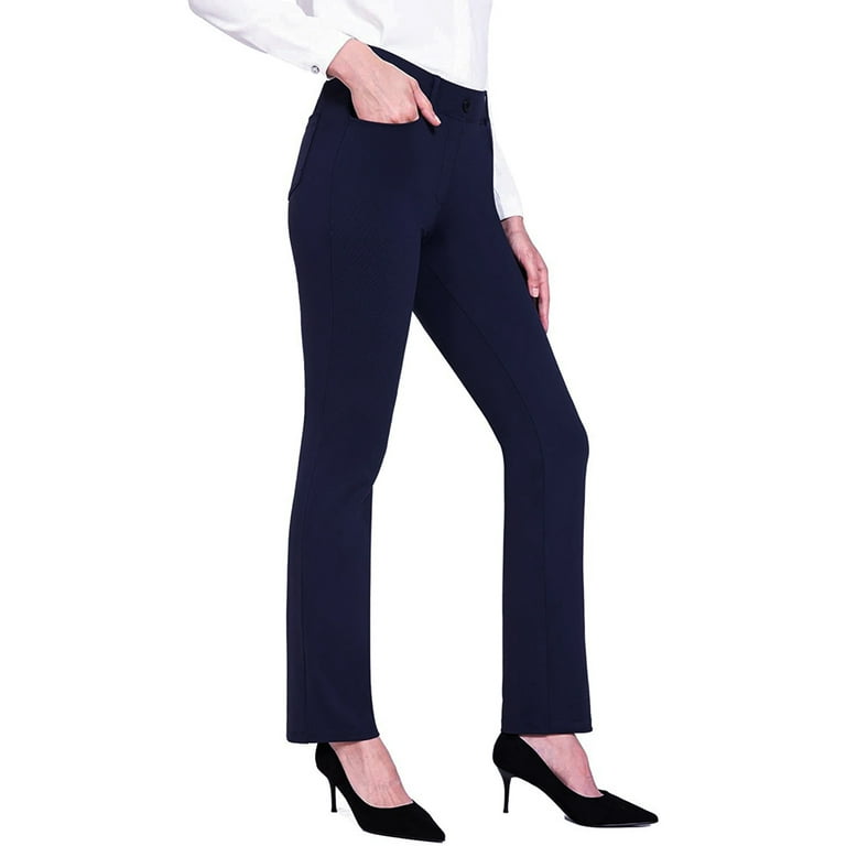 Frobukio Women's Stretch High Waist Solid Pants Casual Work Slacks Business  Straight Yoga Pants with Pocket Navy Blue XL 