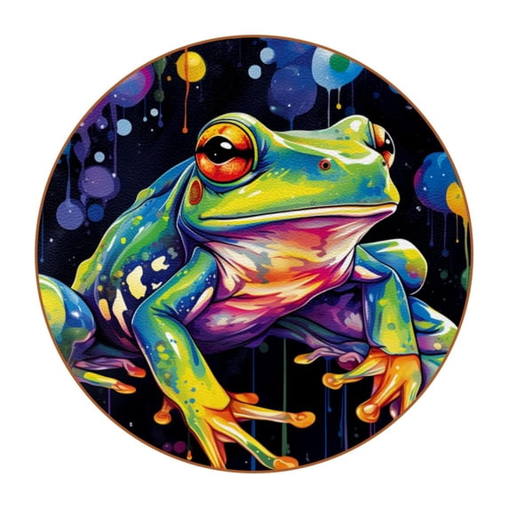 Frog 6PCS Round Microfiber Leather Table Coasters Set, 11x11 cm/4.3x4.3 in, Drink Coaster Mats for Home and Kitchen Use