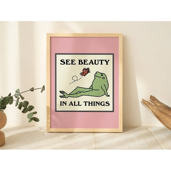 Frog And Butterfly Cute Pink Retro Quote Prints Wholesome Art, Unframed Paper Print Size 24x36