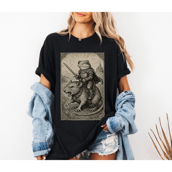 Frog And Rat Retro Dark Academia Graphic Medieval Knight Goblincore Clothing Fantasy Lover T-Shirt