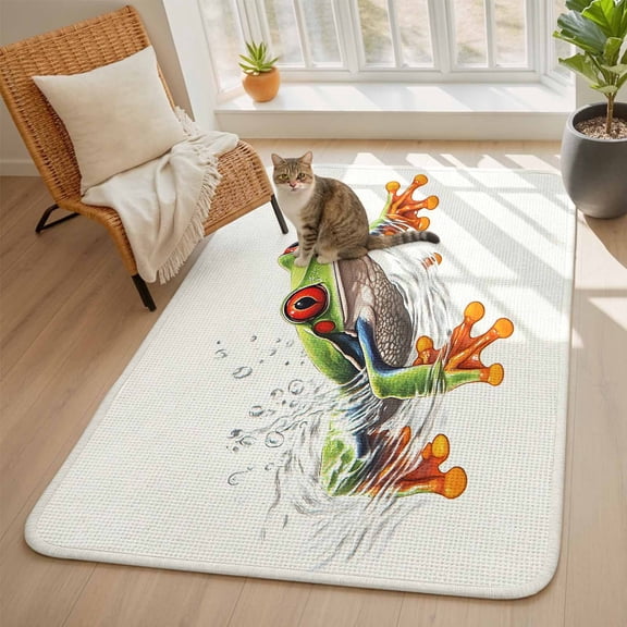 Frog Area Rugs for Living Room 5x7, Watercolor Frog Water Surface Hand-painted Washable Area Rug with Non Slip Backing, Stain Resist Linen Carpet for Bedroom, Dining Room, Entryway, Entrance