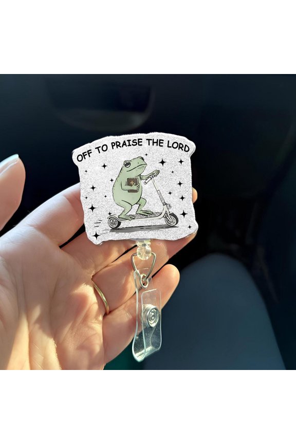 Frog Badge Reel Christian | Off to Praise the Lord Badge Holder | Cute Frog Scooter ID Reel | Nurse Teacher Church Gift