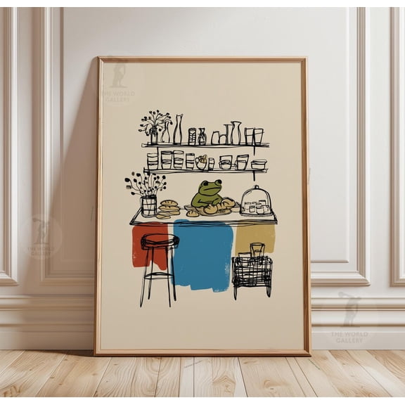 Frog Bakery Counter Poster Minimal Line Art Kitchen Scene Food Decor, Unframed Poster