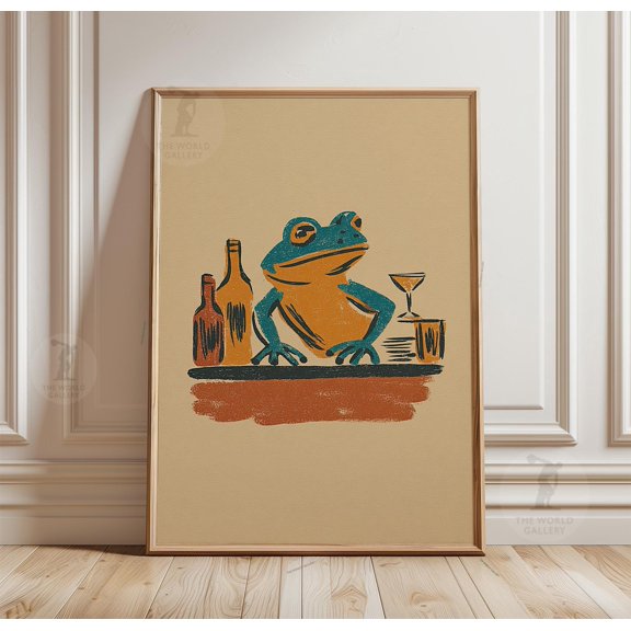 Frog Bar Poster, Cocktail Scene, Bold Minimalist Vintage Art, Poster Only