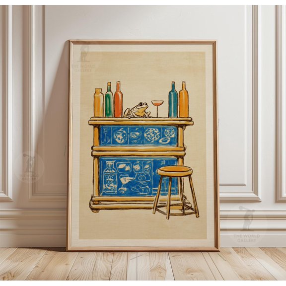 Frog Bar Poster Cocktail Scene Illustration Style Line Art