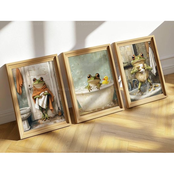 Frog Bathroom Art Bundle Towel Frog Bathtub Washing Hands Decor Set 3 Unframed Paper Print 8x12