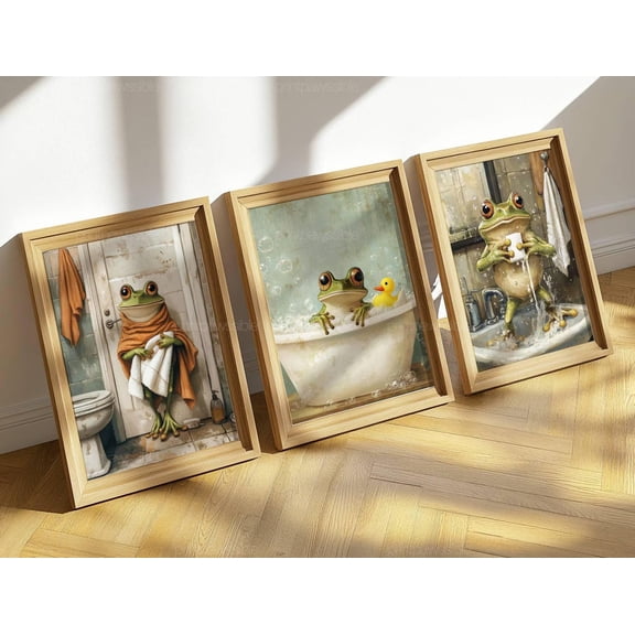 Frog Bathroom Art Bundle Towel Frog Poster Bathtub Frog Print For Quirky Decor Set 3 Unframed Paper Print 8x12
