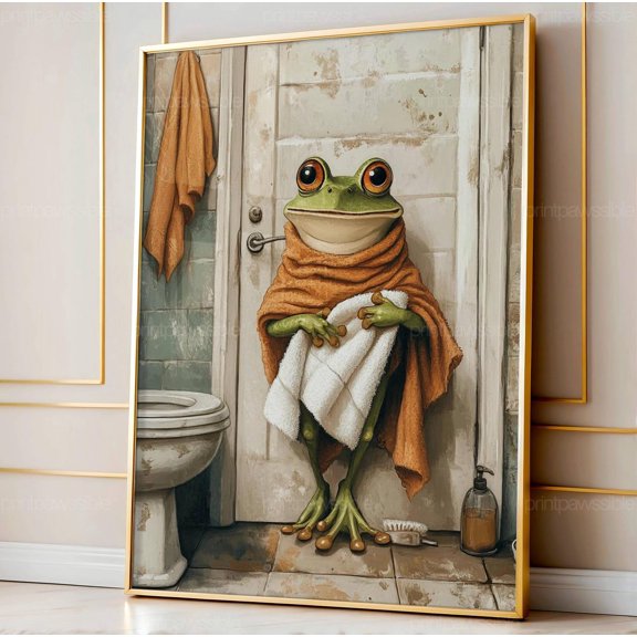 Frog Bathroom Retro Wall Art Quirky Amphibian Decor Printable, Unframed Paper Poster 8x10in
