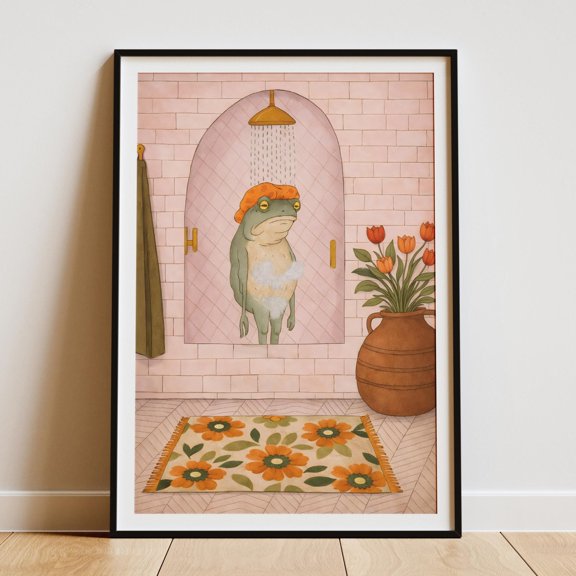Frog Bathroom Wall Art Poster Retro Shower Frog Illustration Whimsical , Poster Print Only