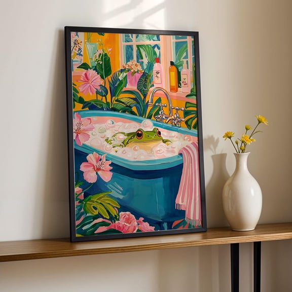 Frog in Bathtub Print Poster Poster Tropical Pink Bathroom Wall Art Inspired Animal Poster Aesthetic Spa Decor for Home Wall Art Poster, Size 8x12 UNFFRAMED F03.1.6l1668