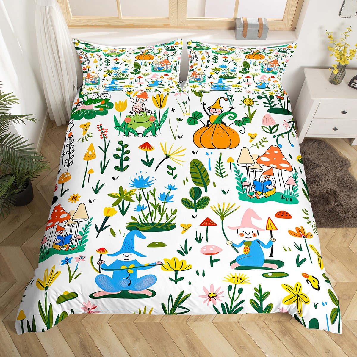 Frog Bedding Set Queen,Summer Botanical Flowers Mushroom Duvet Cover ...