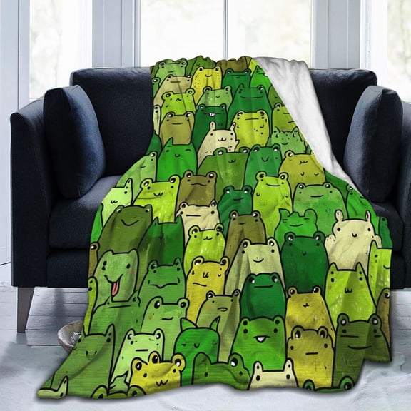 Frog Blanket Artistic Green Frog Doodle Design, Decorative Cozy Flannel Throw For Sofa, Unique Patterned Home Decor 50x40