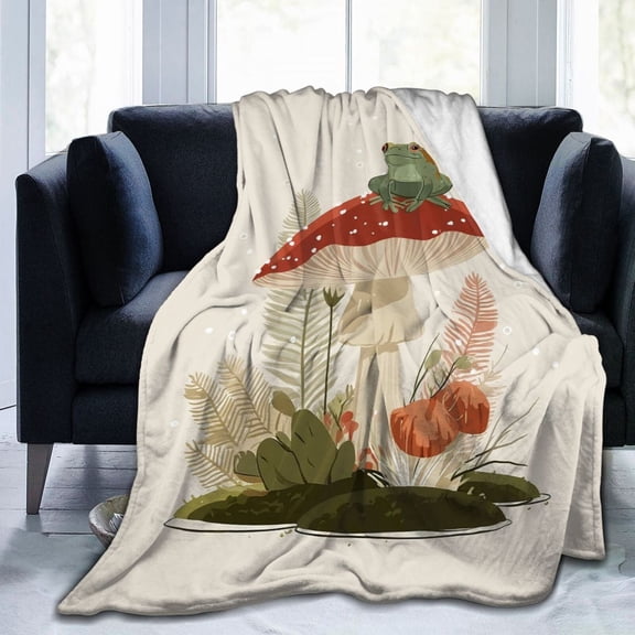 Frog Blanket Cottagecore Toadstool Botanical Art, Lightweight Plush Flannel Throw, Artistic Garden Nature Accent 50x40