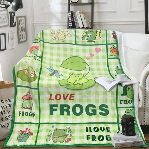 Frog Blanket Cute Print Flannel Throw Gift for Childs Teens Adults Super Soft Convenient Breathable Foldable Bed Sofa Couch Novelty Unisex 150x200 Green 60x80