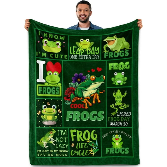 Frog Blanket Frog Gifts for Women, Cute Frogs Decor Stuff Blanket Gifts for Frog Lovers, Green Soft Flannel Fleece Throw Blankets for Bed Couch, Birthday Gifts for Teen Boys Girls Adults 60" x 50"