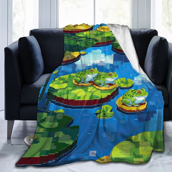 Frog Blanket Pixelated Isometric Nature Scene, Warm Soft Flannel Throw For Living Room, Unique Wildlife Aesthetic Decor 50x40