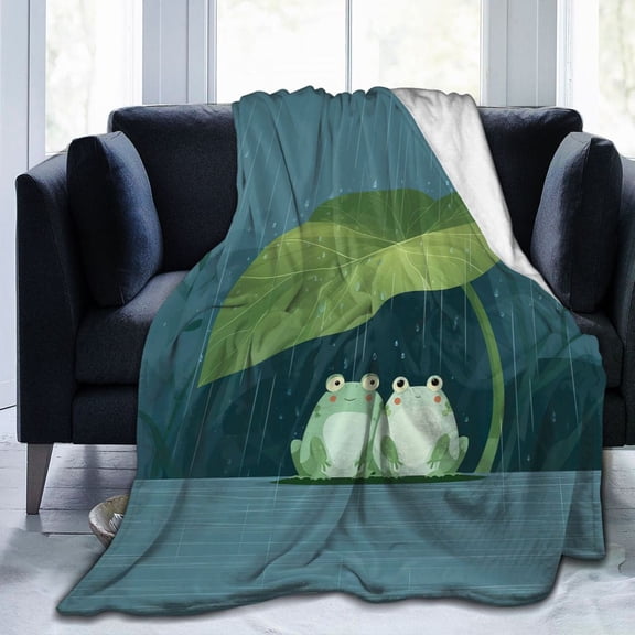 Frog Blanket Rain Leaf Umbrella Couple, Soft Cozy Flannel Throw For Couch And Sofa, Whimsical Nature Decor 50x40