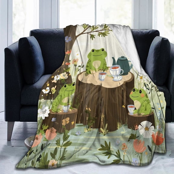 Frog Blanket Tea Party Tree Stump Flowers, Soft Cozy Flannel Throw For Couch And Sofa, Whimsical Garden Nature Decor 50x40