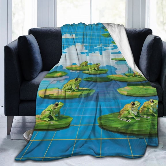 Frog Blanket Voxel Pixel Art Lily Pad, Soft Cozy Flannel Throw For Couch And Sofa, Aesthetic Retro Gaming Nature Decor 50x40