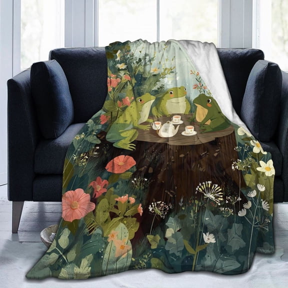 Frog Blanket Whimsical Forest Tea Time Art, Warm Soft Flannel Throw For Living Room, Unique Wildlife Aesthetic Decor 50x40