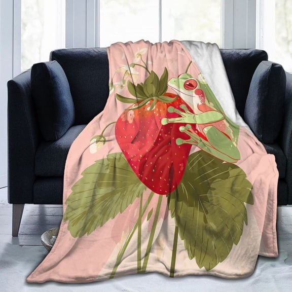 Frog Blanket Whimsical Strawberry Garden Art, Lightweight Plush Flannel Throw, Artistic Pink Botanical Home Accent 50x40