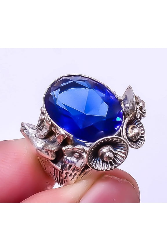 Frog - Blue Sapphire (Simulated) 925 Sterling Silver Bali Ring s.8 R1203-30