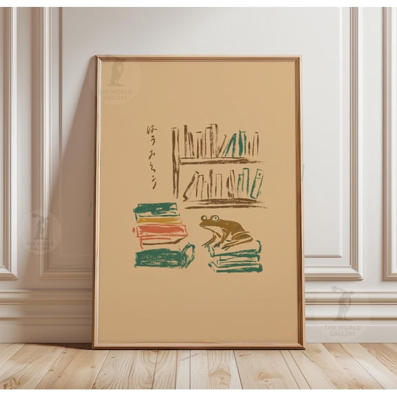 Frog Books Poster Minimal Library Illustration Japanese Style Art, Unframed Poster