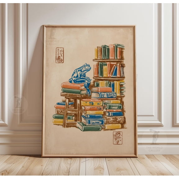 Frog Bookshelf Poster Library Art Minimal Animal Illustration