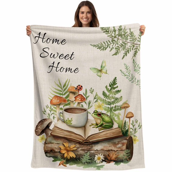 Frog Botanical Blanket Soft Cozy Warm Throw Blanket for Couch, Plush Fuzzy Flannel Fleece Blankets for Sofa, Butterfly Coffee Mushroom Watercolor Bed Blankets Lightweight Gifts for Women, 50"x80"