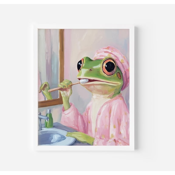 Frog Brushing Teeth Art Print, Modern Bathroom Decor Poster, Unframed Poster Size 16x24 F03.1.19l639