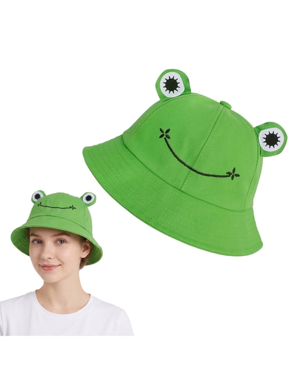 Frog Bucket Hat Cotton Funny Cute Green Fisherman Sun Cap for Adults Teens, Packable Novelty Summer Outdoor Travel Beach Hats, Medium