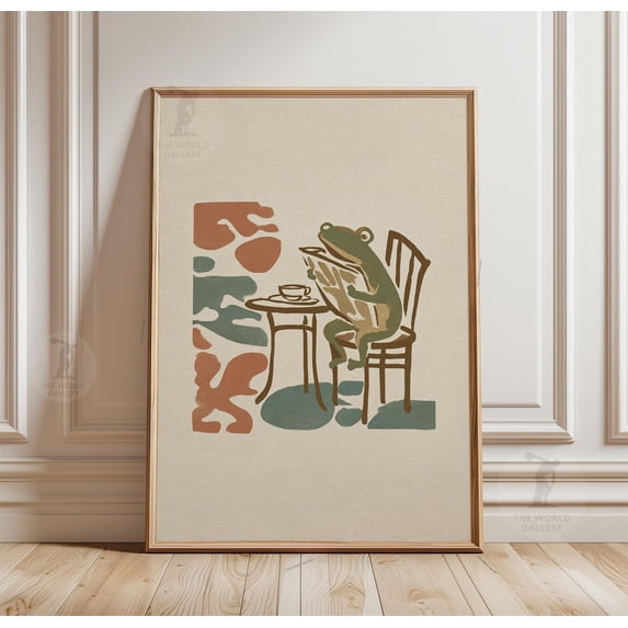 Frog Cafe Poster, Reading Animal, Vintage Bistro Line Art , Poster ...