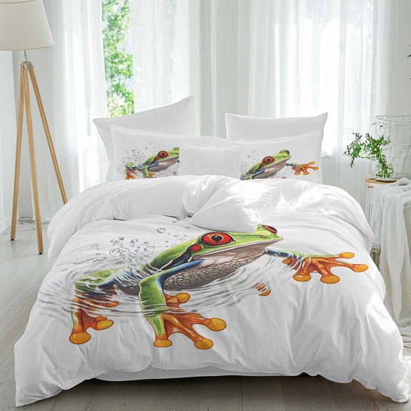 Frog California King Duvet Cover Set, Watercolor Frog 4 Piece Microfiber Bedding Set with Zipper Closure, Bed Sheet and 2 Pillow Shams, Soft Bedding Cover