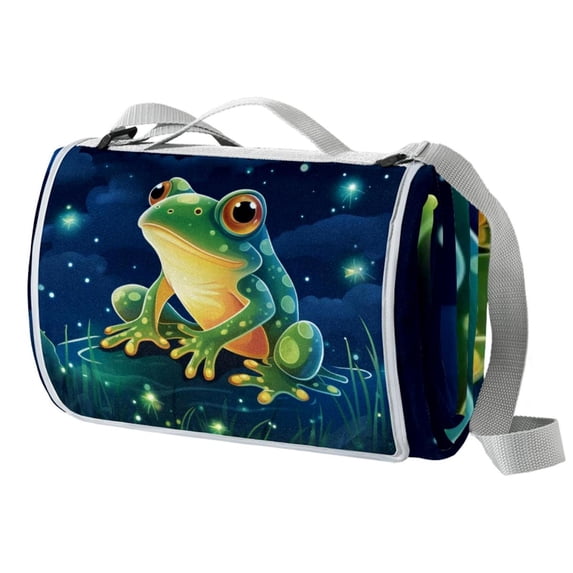 Frog Canvas Picnic Mat Waterproof and Portable Outdoor Blanket for Beach, Camping, Travel - Large Size with Carry Strap - Navy Blue Stripe Design