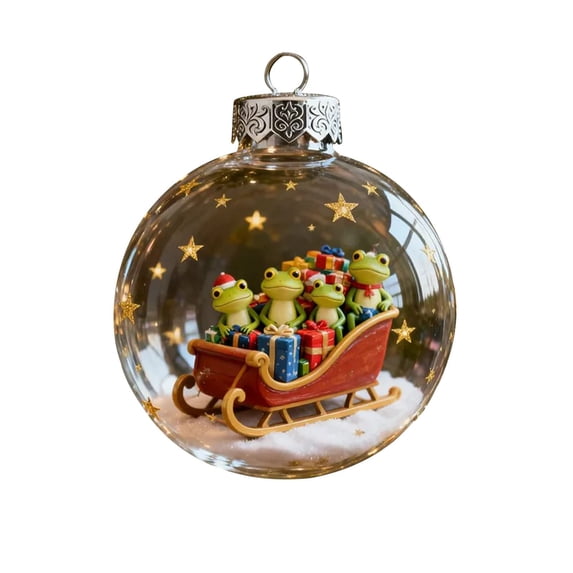 Frog Christmas Ornament 3" Acrylic Handcrafted 2D Crystal Clear Ornament with Santa Frog & Sleigh, Holiday Tree Decorations for Home,Gift for Frog Lovers C