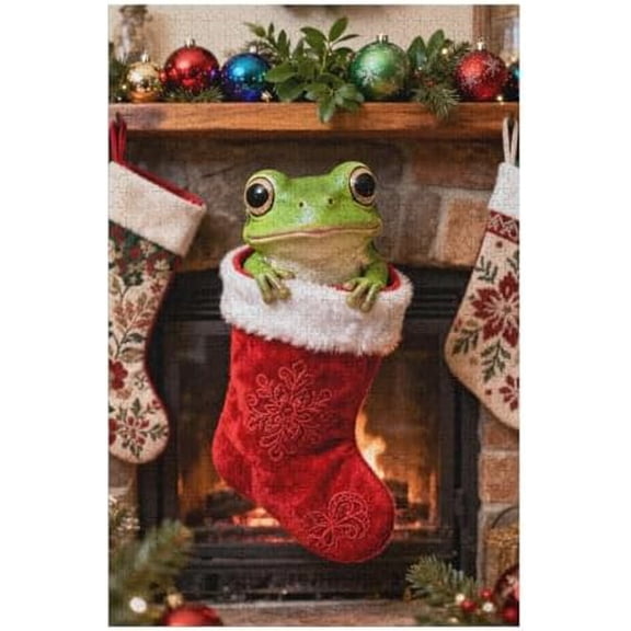 Frog in Christmas Stocking 500 Piece Jigsaw Puzzle for Adults, Holiday Artwork, Colorful DIY Craft, Challenging Family Activity, Relaxing Brain Puzzle, Home Wall Decoration Gift