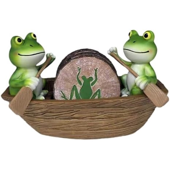 Frog Coasters Set of 6 Rustic Coasters in Handmade Canoe Drink Coffee Mug Wine Beer Bar Round Table Decorative Cute Log Cabin Decor for The Home$$Home Decor, Kitchen, & Other