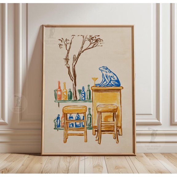 Frog Cocktail Bar Poster Minimalist Line Art Scene Kitchen Decor