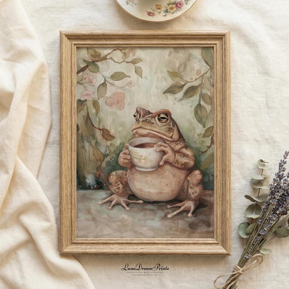Frog With Coffee Cup Wall Art Print, Whimsical Vintage Cottagecore Kitchen Animal Decor