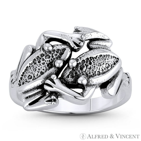 Frog Couple Feng-Shui Luck & Fertility Charm Right-Hand Ring in Oxidized .925 Sterling Silver