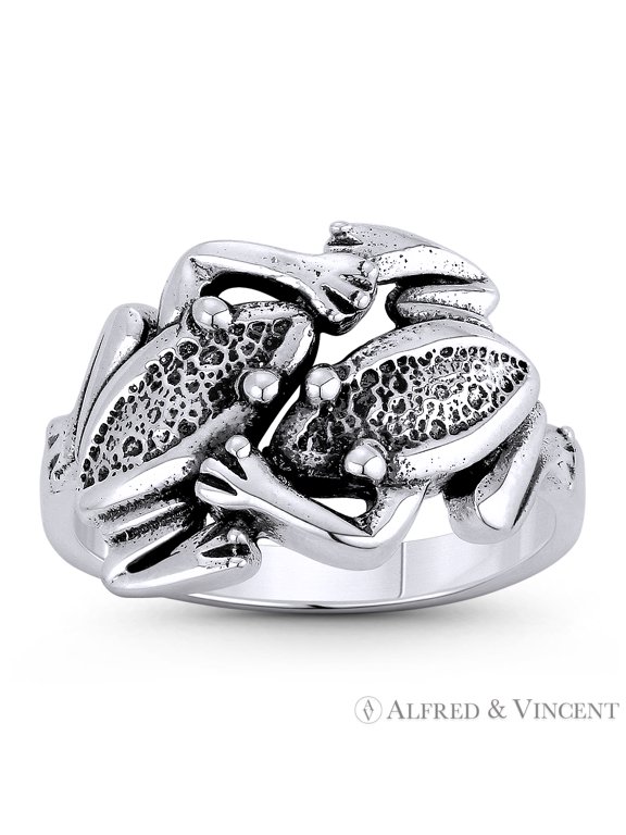 Frog Couple Feng-Shui Luck & Fertility Charm Right-Hand Ring in Oxidized .925 Sterling Silver