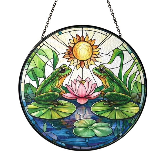 Frog Couple Pond Glass Suncatcher for Window Decor, Water Lily Floral Light Catcher Hanging Art, Cozy Cottage Nature Home Accent